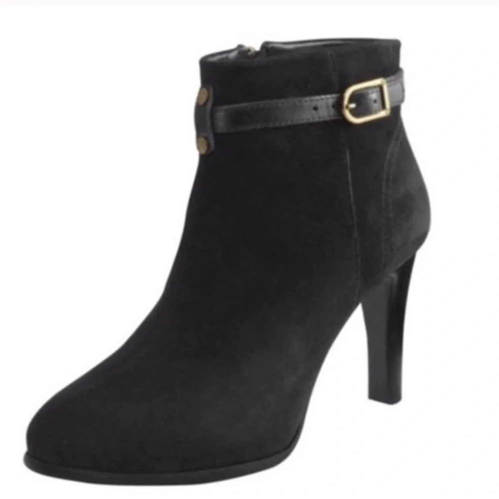 TORY BURCH Patricia Black suede 3inch booties with gold tory logo size 7.5
